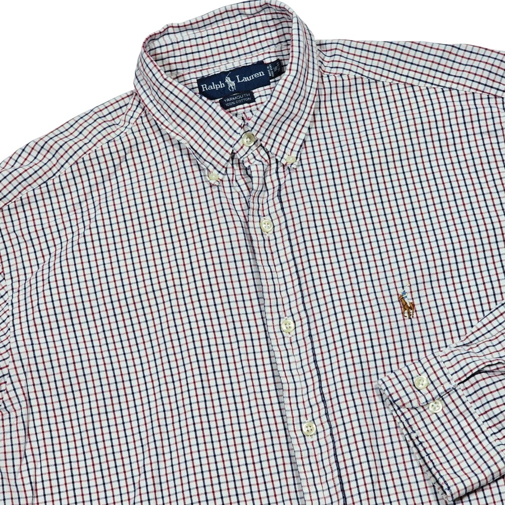 Ralph Lauren Yarmouth Button Down Mens 16 Red Blue Tattersall Check Flesh Pony